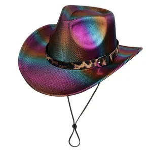 Detail of metallic iridescent cowboy hat with leopard print band and adjustable chin strap