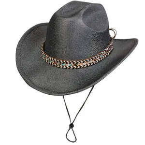 Detail of dark grey woven cowboy hat with ethnic bead trim and adjustable chin strap