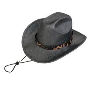 Detail of dark gray jazz hat featuring leopard print band and glitter texture finish