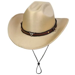 Detail of western cowboy hat featuring a leather band with silver bull head ornament