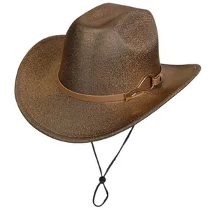 Close-up of metallic bronze fedora hat with glitter texture and adjustable wind rope