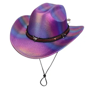 Macro view of holographic metallic fabric texture and silver bull head detail on western hat