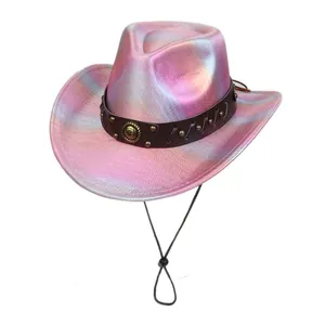 Detail of pink and purple iridescent cowboy hat with rivet leather band and wind rope