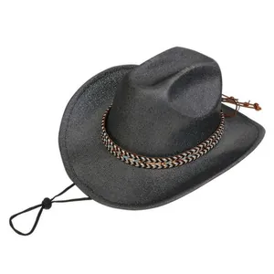 Detail of black cowboy hat featuring ethnic woven band and adjustable chin strap cord