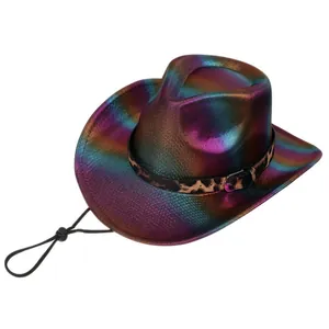 Close-up of iridescent cowboy hat with leopard print band and adjustable chin strap