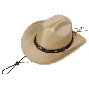 Detail of western cowboy hat featuring silver bull head ornament and braided band detail