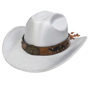 Detail of silver glitter cowboy hat with vintage leather band and bull head buckle