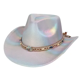 Detailed holographic cowboy hat featuring rainbow metallic sheen and beaded ethnic band