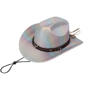 Close-up of holographic party cowboy hat with metallic bull logo and leather band