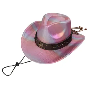 Detailed view of pink iridescent western cowboy hat with metal studs and tassel band