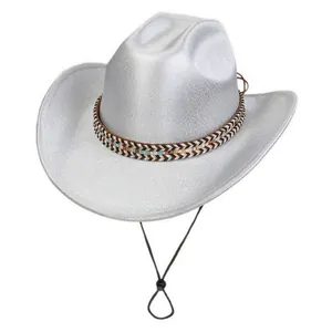 Detail of silver cowboy hat featuring multicolored braided band and adjustable chin strap