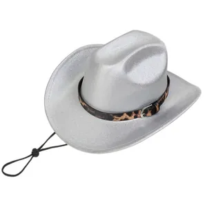 Close-up of silver glitter fedora with leopard print band and adjustable chin strap