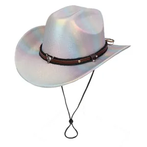 Macro shot of iridescent cowboy hat with metal bull head buckle and silver stud details