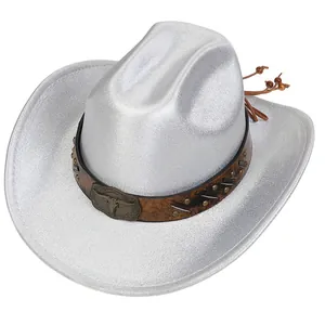 Silver laser texture western cowboy hat with studded leather band and bull buckle detail