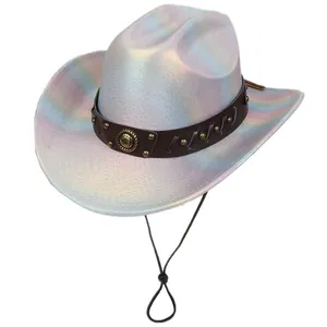 Detail view of iridescent laser cowboy hat with leather band and gold stud rivets