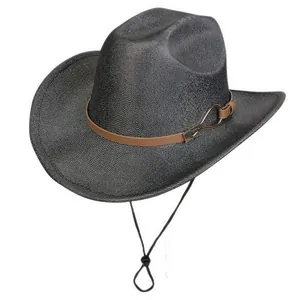 Detail of western fedora with brown leather band, gold buckle, and adjustable chin cord