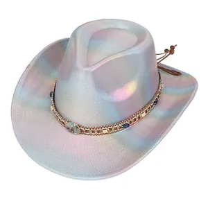 Macro shot of iridescent cowboy hat texture with gold chain and blue rhinestone detail