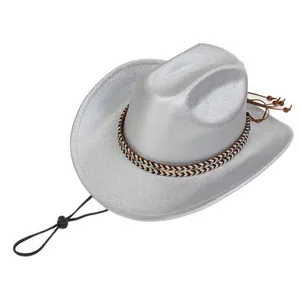 Close-up of silver cowboy hat featuring a glittery finish and tribal woven band detail