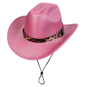 Pink glitter cowboy hat with leopard print band and adjustable chin strap details