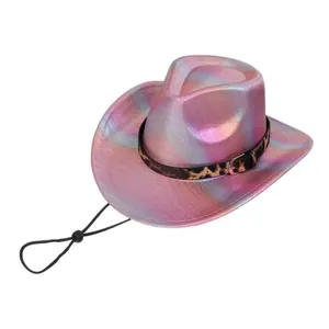 Detail of pink iridescent cowboy hat with leopard print band and adjustable chin strap