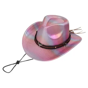 Close-up of holographic pink disco cowboy hat with silver bull head and rivet band