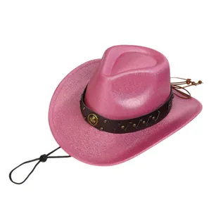 Cappello da cowboy rosa glitterato con fascia borchiata marrone e sottogola regolabile
