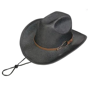 Detail of grey vintage cowboy hat featuring leather band and adjustable wind rope