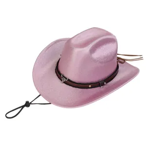 Detail of pink sequin cowboy hat with silver bull head buckle and studded leather band