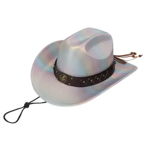 Close-up of holographic western cowboy hat featuring leather band and metallic studs