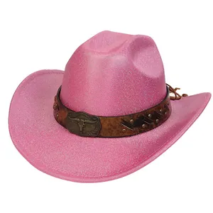 Detail of glitter pink western cowboy hat with bronze bull head metal buckle and band