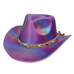 Detail of holographic cowboy hat featuring metallic gradient fabric and shell chain band