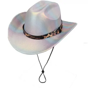 Close-up of holographic cowboy hat with leopard print band and adjustable chin strap