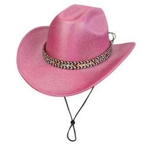 Detail of pink sequin cowboy hat showing ethnic braided trim and adjustable chin strap