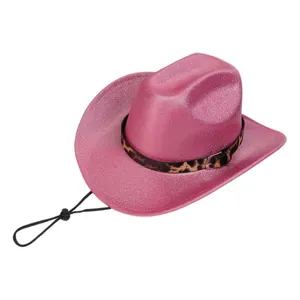 Close-up of glitter pink cowboy hat with leopard print band and metal buckle detail