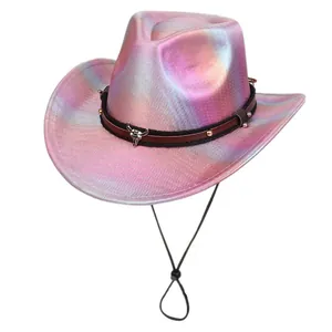 Detail of pink holographic disco cowboy hat with bull head buckle and leather band