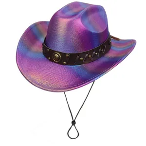 Detail of laser purple cowboy hat showing faux leather rivet band and metallic badge