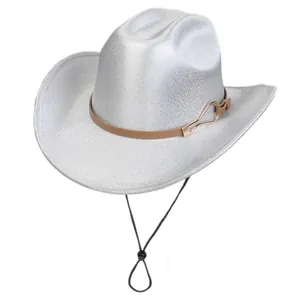 Detail of silver glitter cowboy hat with brown leather band and adjustable wind rope