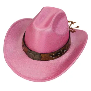 Pink glitter western cowboy hat featuring metallic bull buckle and faux leather studded band