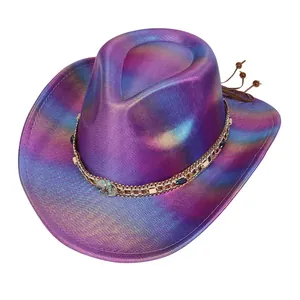 Close-up of holographic cowboy hat with gold metal chain and blue gemstone pendant