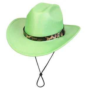 Detail of neon green felt jazz hat featuring leopard print band and adjustable chin strap