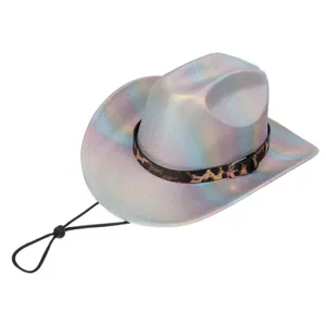 Detailed holographic cowboy hat with leopard print band and adjustable chin strap cord