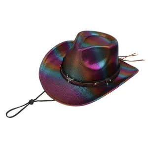 Iridescent disco cowboy hat with a metallic cow head emblem and adjustable chin strap