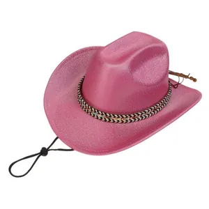 Close-up of glittery pink cowboy hat with decorative band and adjustable chin strap