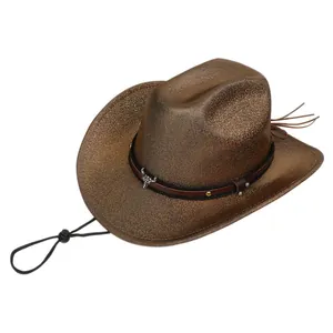 Detailed view of western cowboy hat with metal bull head ornament and shimmering texture