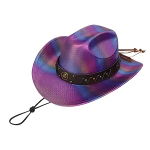 Detailed holographic western cowboy hat with studded leather band and fringe accents