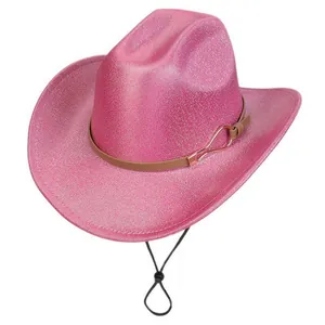 Detail of glittery pink jazz hat showing textured finish with brown band and chin strap