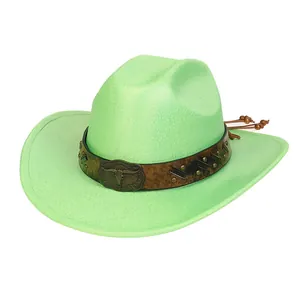 Close-up of neon green felt cowboy hat with bull head metal buckle and tassel detail