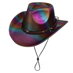 Detailed view of iridescent disco cowboy hat with bull head ornament and chin strap