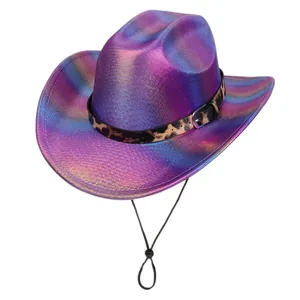 Detailed macro view of iridescent metallic western cowboy hat with leopard print band