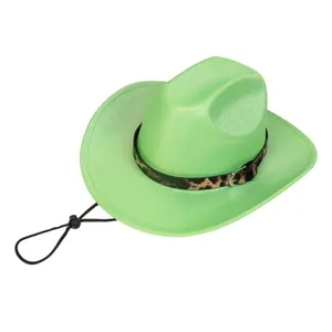 Detail of neon green jazz hat featuring leopard print band and adjustable chin strap